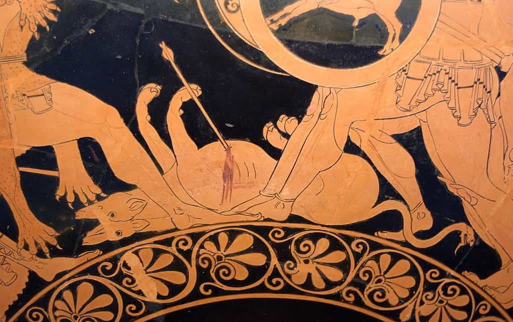 Ortro morto aos pés de Gerião e Hércules