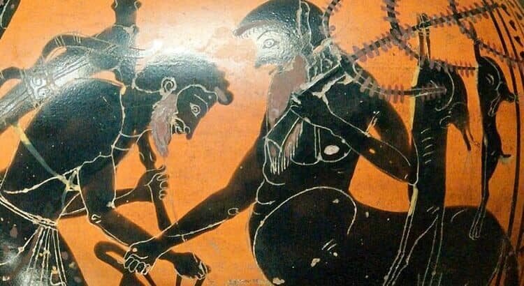 Hércules e Folo abrem o odre de vinho dos centauros